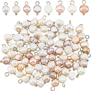 80pcs 4 Styles Natural Cultured Freshwater Pearl Charms, with Golden Tone Brass Loops, Oval, Mixed Color, 10~12x5.5~8x4~6mm, Hole: 2.3~2.7mm, 20pcs/style