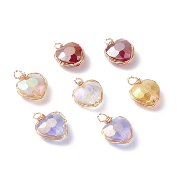 Electroplate Glass Pendants, with Copper Finding, AB Color, Faceted Heart, Golden, Mixed Color, 14x10.5x5.5mm, Hole: 1.8~2.5mm