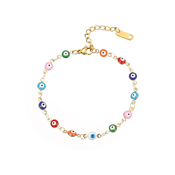 Golden Tone Stainless Steel Enamel Evil Eye Link Chain Bracelets for Women, Colorful, Flat Round, 6-1/4 inch(16cm)