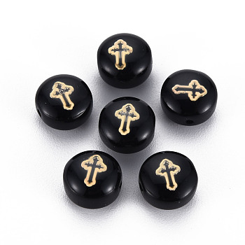 Handmade Lampwork Beads, with Golden Plated Brass Etched Metal Embellishments, Flat Round with Cross, Black, 8x5~6mm, Hole: 0.8mm