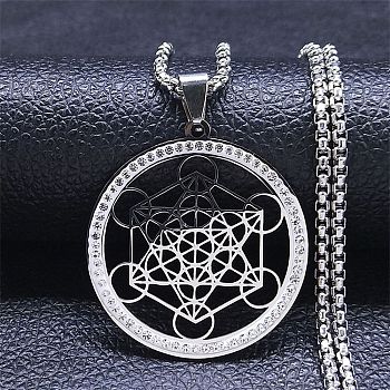 Crystal Rhinestone Flat Round with Hexgon Pendant Necklace with 304 Stainless Steel Box Chains, Stainless Steel Color, 22.91 inch(58.2cm)