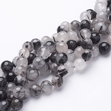 Natural Black Rutilated Quartz Beads Strands, Round, 8mm, Hole: 1mm, 23pcs/strand, 8 inch(X-G-D295-8mm)