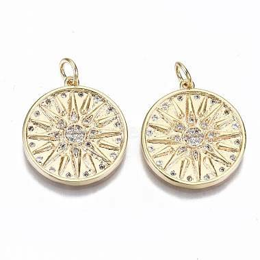 Real 18K Gold Plated Clear Flat Round Brass+Cubic Zirconia Pendants