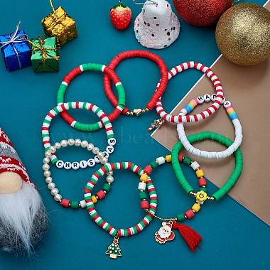Handmade Christmas Heishi Beaded Bracelet Sets, Clay Bead