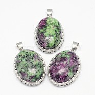 Natural Ruby in Zoisite Pendants, with Brass Findings, Oval, Platinum, 30x21x10~11mm, Hole: 6x4mm(X-G-D851-31)