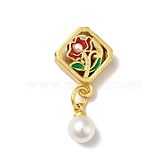 Rhombus with Flower Rack Plating Brass Enamel Beads, Dangle Round Plastic Beads, Long-Lasting Plated, Cadmium Free & Lead Free, Matte Gold Color, 25.5x12x6mm, Hole: 1.5mm(KK-E056-08MG)