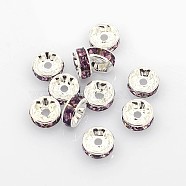 Brass Grade A Rhinestone Spacer Beads, Silver Color Plated, Nickel Free, Light Amethyst, 10x4mm, Hole: 2mm(RSB039NF-16)
