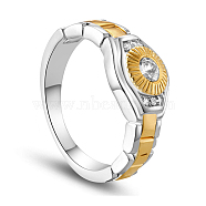 SHEGRACE Brass Finger Ring, with Watch Chain and Micro Pave AAA Cubic Zirconia Eye with Real 18K Gold Plated Round, Platinum & Golden, 19mm(JR539A-02)