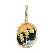 Brass Enamel Pendants, Oval with Flower Charm, Real 18K Gold Plated, 35mm, Hole: 5.5x3mm(KK-P283-26G)