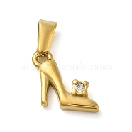 304 Stainless Steel Pendants, with Crystal Rhinestone, High-Heeled Shoes Charm, Golden, 16x9x3mm, Hole: 6.2x2.2mm(STAS-R229-09G)