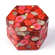 Hexagon Shape Candy Packaging Box, Wedding Party Gift Box, Boxes, with Flower Pattern, Red, 7.65x8.8x5.7cm, Unfold: 21.7x16.4x0.04cm(CON-F011-02C)