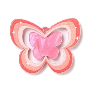 Embossed Printed Acrylic Pendants, Butterfly, Pink, 27x34.5x2mm, Hole: 1.5mm(MACR-O044-05A)