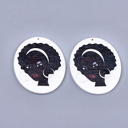 Printed Wooden Big Pendants, Dyed, Oval with Woman, Black, 63x50x2.5mm, Hole: 1.2mm(WOOD-S050-10D)