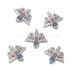 Brass Micro Pave Colorful Cubic Zirconia Connector Charms, Angel Links, Platinum, 22x19.5x3mm, Hole: 1mm(KK-E068-VB034)