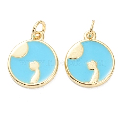 Brass Enamel Pendants, Long-Lasting Plated, Real 18K Gold Plated, Flat Round with Moon and Cat, Light Blue, 15.5x13x2mm, Hole: 3mm(ZIRC-J041-03C)