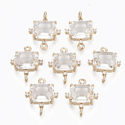 Glass Links connectors, with Brass Micro Pave Cubic Zirconia, Faceted, Cuboid, Light Gold, Clear, 17.5x14x5.5mm, Hole: 1.2mm(GLAA-T021-10G)