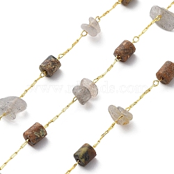 Natural Mixed Gemstone Chips & Column Beaded Chains, with Brass Findings, Soldered, with Spool, Real 18K Gold Plated, 4x4mm, 4~9x3~4x2~7mm, about 32.81 Feet(10m)/Roll(CHC-C001-04G)