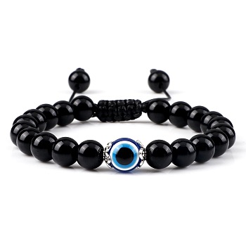 Evil Eye Beaded Bracelets, Round Dyed & Heated Black Agate Adjustable Bracelets for Men