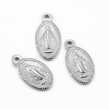 304 Stainless Steel Pendants, Oval with Virgin Mary, Stainless Steel Color, 15x8x2mm, Hole: 1.5mm