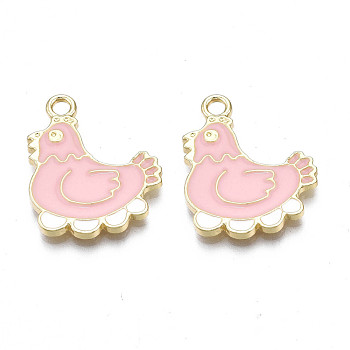 Alloy Enamel Pendants, Cadmium Free & Nickel Free & Lead Free, Light Gold, Hen with Eggs, Pink, 21x17.5x2mm, Hole: 2mm