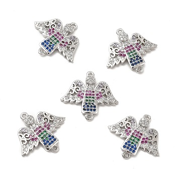 Brass Micro Pave Colorful Cubic Zirconia Connector Charms, Angel Links, Platinum, 22x19.5x3mm, Hole: 1mm