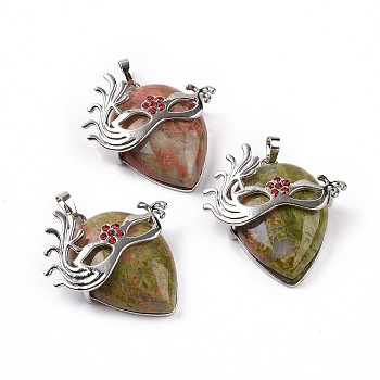 Natural Unakite Pendants, Teardrop with Mask Charms, with Rack Plating Platinum Plated Brass Ruby Rhinestone Findings, 37~37.5x34.5~36x10~11mm, Hole: 6x4mm