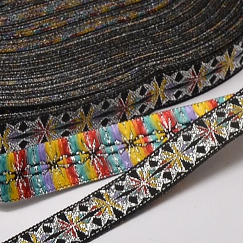 Polyester Ribbons, with Flower Pattern, Jacquard Ribbon, Black, 3/4 inch(18mm), 33yards/roll(30.1752m/roll)
