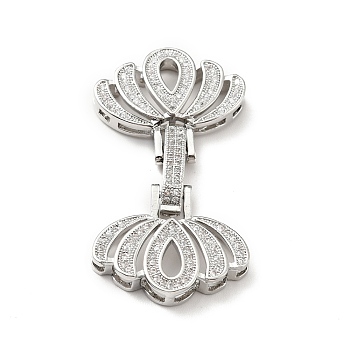 Brass Micro Pave Clear Cubic Zirconia Fold Over Clasps, Cadmium Free & Lead Free, Lotus, Platinum, 44x23.5x7mm, Hole: 2~4x2mm