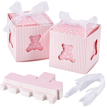 Elite Paper Gift Box, with Ribbon, Folding Boxes with Bear Pattern, Wedding Decoration, Plum, Finished Product: 5x5x5cm