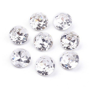 Pointed Back & Back Plated Glass Rhinestone Cabochons, Grade A, Faceted, Flat Round, Crystal, 10x5mm