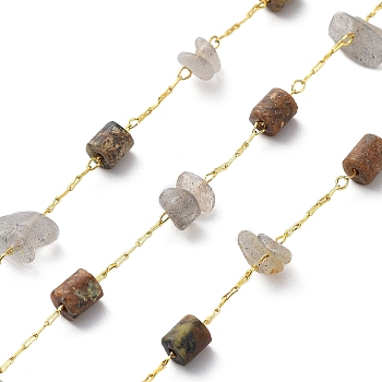 Natural Mixed Gemstone Chips & Column Beaded Chains, with Brass Findings, Soldered, with Spool, Real 18K Gold Plated, 4x4mm, 4~9x3~4x2~7mm, about 32.81 Feet(10m)/Roll