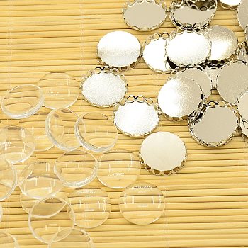 Brass Cabochon Settings and Flat Round Transparent Clear Glass Cabochons, Cadmium Free & Lead Free, Platinum, Tray: 18mm, Glass: 18x4mm