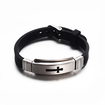 Jewelry Black Color Rubber Cord Bracelets, with 304 Stainless Steel Findings and Watch Band Clasps, Rectangle with Cross, Stainless Steel Color, 215x10mm