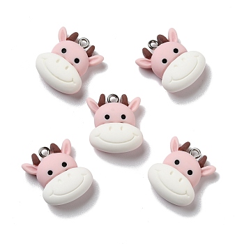 Opaque Resin Pendants, with Platinum Tone Iron Loops, Cow, Pink, 21x18x8.5mm, Hole: 2mm