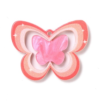Embossed Printed Acrylic Pendants, Butterfly, Pink, 27x34.5x2mm, Hole: 1.5mm