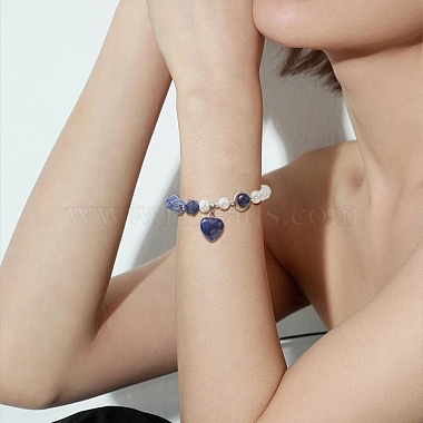Pulsera con dije de corazón de lapislázuli natural con cadenas de perlas naturales para mujer(BJEW-TA00255-01)-6