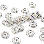 Brass Grade A Rhinestone Spacer Beads, Silver Color Plated, Nickel Free, Rondelle, Crystal AB, 10x4mm, Hole: 2mm(RSB039NF-02)