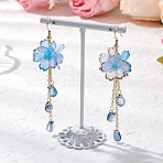 Flower Dangle Earrings, with Brass Earring Hooks & 304 Stainless Steel Flat Head Pins & Acrylic Bead Caps & Glass Beads, Golden, Light Blue, 79x23mm(X1-EJEW-TA00636-04)