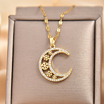 Moon Snowflake Brass Micro Pave Clear Cubic Zirconia Pendant Necklaces, Golden, 15.75 inch(40cm)(FS-WG13E36-01)