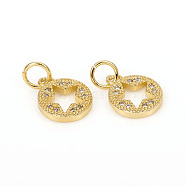 Brass Micro Pave Cubic Zirconia Charms, with Jump Rings, Flat Round with Star, Clear, Golden, 11.5x9x1.8mm, Jump Rings: 5x0.8mm, 3.4mm inner diameter(ZIRC-L096-04G)