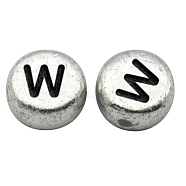Silver Color Plated Acrylic Horizontal Hole Letter Beads, Flat Round, Letter.W, 7x3.5mm, Hole: 1mm, about 3600pcs/500g(MACR-PB43C9070-W)