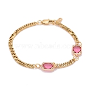 Rectangle with Glass Link Bracelets, with 304 Stainless Steel Curb Chains, Hot Pink, 8-1/8 inch(20.5cm)(BJEW-JB06275-05)