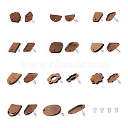 22Pairs 11 Style Walnut Wood Stud Earring Findings, with Hole and 304 Stainless Steel Pin, with 100Pcs Plastic Ear Nut, Half Round & Half Oval & Fan & Flower & Rectangle, Peru, 8~27x11~18mm, Hole: 1.6~2mm, Pin: 0.7mm, 2pair/style(MAK-FW0001-01)