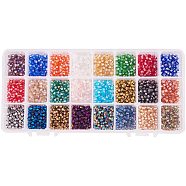 24 Colors Electroplate Glass Beads, Rainbow Plated, Faceted Bicone, Mixed Color, 4x4~4.5mm, Hole: 1mm, about 80~90pcs/color, 24color/box(EGLA-PH0003-12)