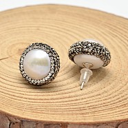 Flat Round Pearl Ear Studs, with Rhinestone and Platinum Plated Brass Pins, White, 13mm, Pin: 0.8mm(PEAR-L014-01)