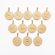 304 Stainless Steel Pendant Sets, Flat Round with Twelve Constellation/Zodiac Sign, Real 18K Gold Plated, 29x25x3.2mm, Hole: 9x4.5mm, 12pcs/set(STAS-H372-01)