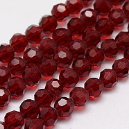 Glass Beads Strands, Faceted(32 Facets), Round, Dark Red, 8mm, Hole: 1.5mm, about 66~67pcs/strand, 15.12 inch~15.35 inch(38.4~39cm)(EGLA-J042-8mm-20)