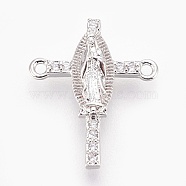 Brass Micro Pave Cubic Zirconia Links, Lead Free & Cadmium Free & Nickel Free, Long-Lasting Plated, Cross with Virgin Mary, Clear, Platinum, 17x15x3mm, Hole: 1mm(ZIRC-E153-05P-NR)