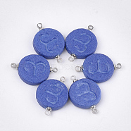Handmade Porcelain Links connectors, Frosted, with Brass Findings, Flat Round with Constellation, Platinum, Blue, Aries, 22x15~15.5x3mm, Hole: 1.5mm(PORC-T002-124J)