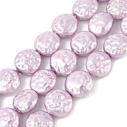 Electroplated Shell Pearl Beads Strands, Flat Round, Purple, 14.5~16x7.5~8mm, Hole: 1.2mm, about 27pcs/strand, 15.87''~15.94''(40.3~40.5cm)(BSHE-Z007-02C)